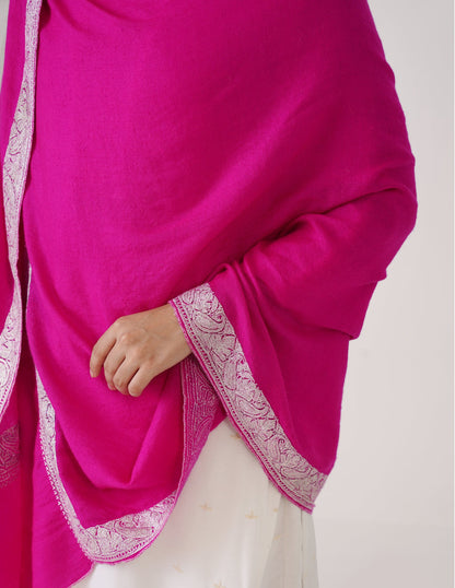 Kashmiri Handwoven Pashmina Tilla Shawl Neemdore – Pink &amp; Silver | Handwoven Heritage - Kashmir Box