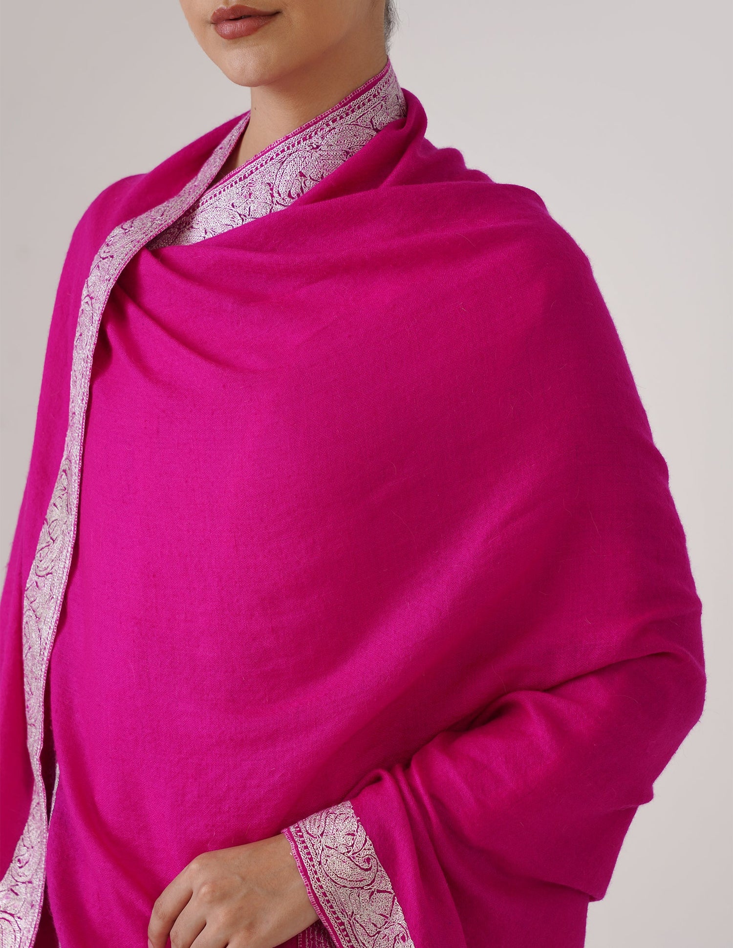 Kashmiri Handwoven Pashmina Tilla Shawl Neemdore – Pink &amp; Silver | Handwoven Heritage - Kashmir Box