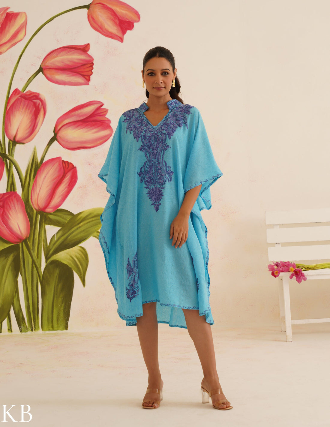 Turquoise Blue Cotton Kaftan Dress | Purple Aari Embroidered | Comfortable Summer Ethnic Wear - Kashmir Box