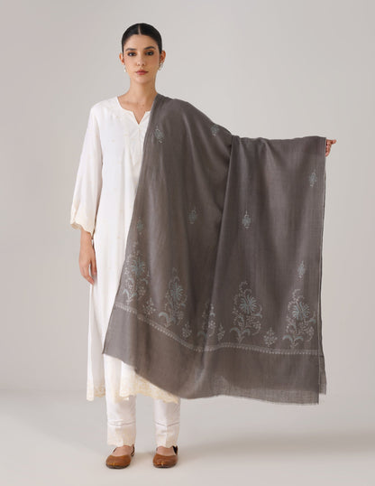 Kashmiri Handwoven Pashmina Sozni Shawl Bootidar – Grey | Blue &amp; Light Grey Heritage - Kashmir Box