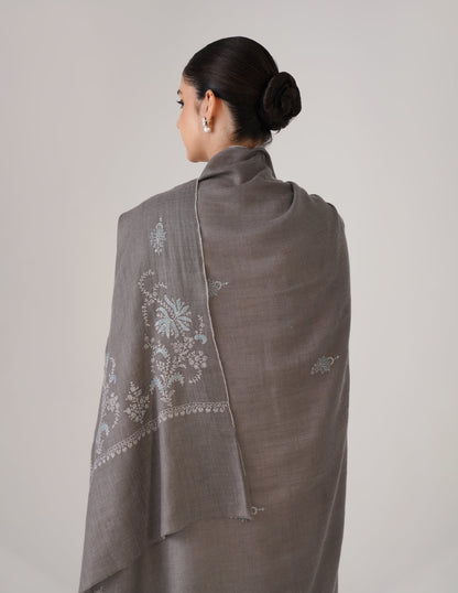 Kashmiri Handwoven Pashmina Sozni Shawl Bootidar – Grey | Blue &amp; Light Grey Heritage - Kashmir Box