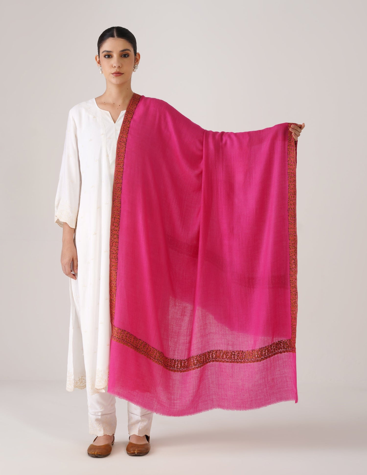 Kashmiri Handwoven Pashmina Sozni Shawl Doredaar – Pink | Multicolour Heritage - Kashmir Box