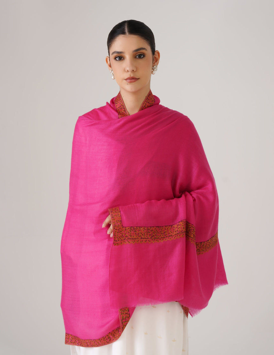 Kashmiri Handwoven Pashmina Sozni Shawl Doredaar – Pink | Multicolour Heritage - Kashmir Box