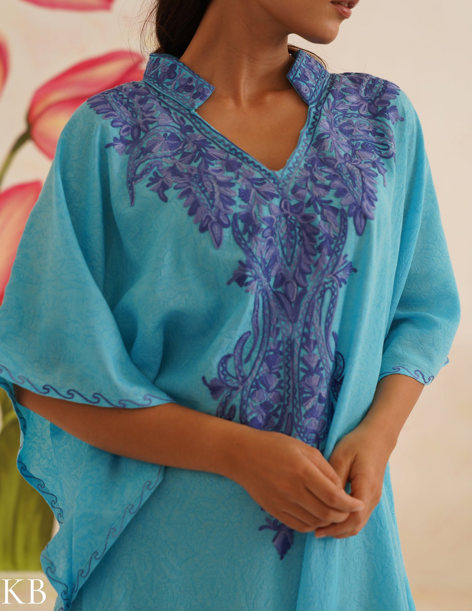 Turquoise Blue Cotton Kaftan Dress | Purple Aari Embroidered | Comfortable Summer Ethnic Wear - Kashmir Box