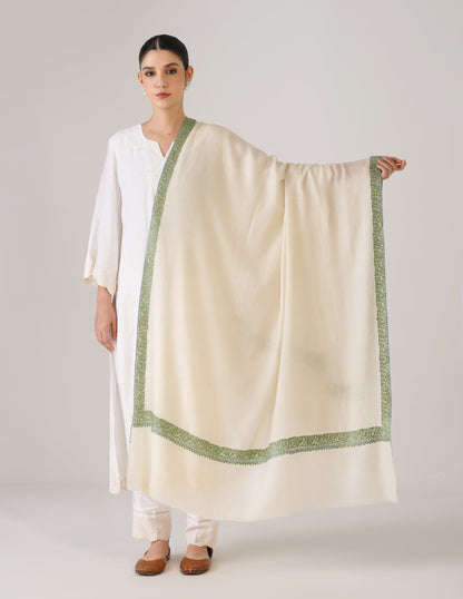 Kashmiri Handwoven Pashmina Sozni Shawl Doredaar – Off White | Blue &amp; Green Heritage - Kashmir Box