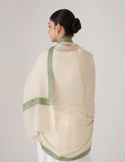 Kashmiri Handwoven Pashmina Sozni Shawl Doredaar – Off White | Blue &amp; Green Heritage - Kashmir Box