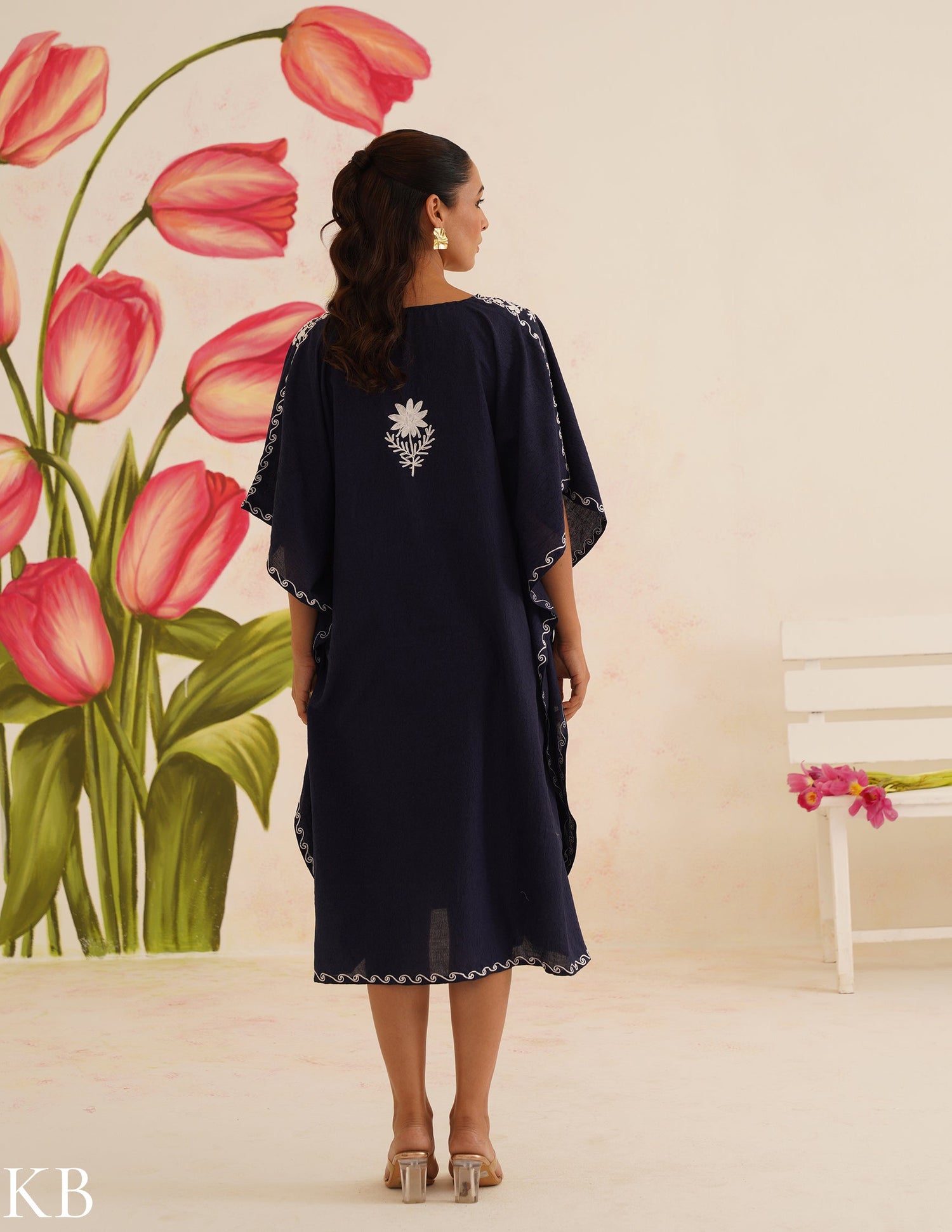 Navy Blue Cotton Kaftan Dress with White Embroidery | Comfortable Loose-Fit | Summer Ethnic Wear - Kashmir Box