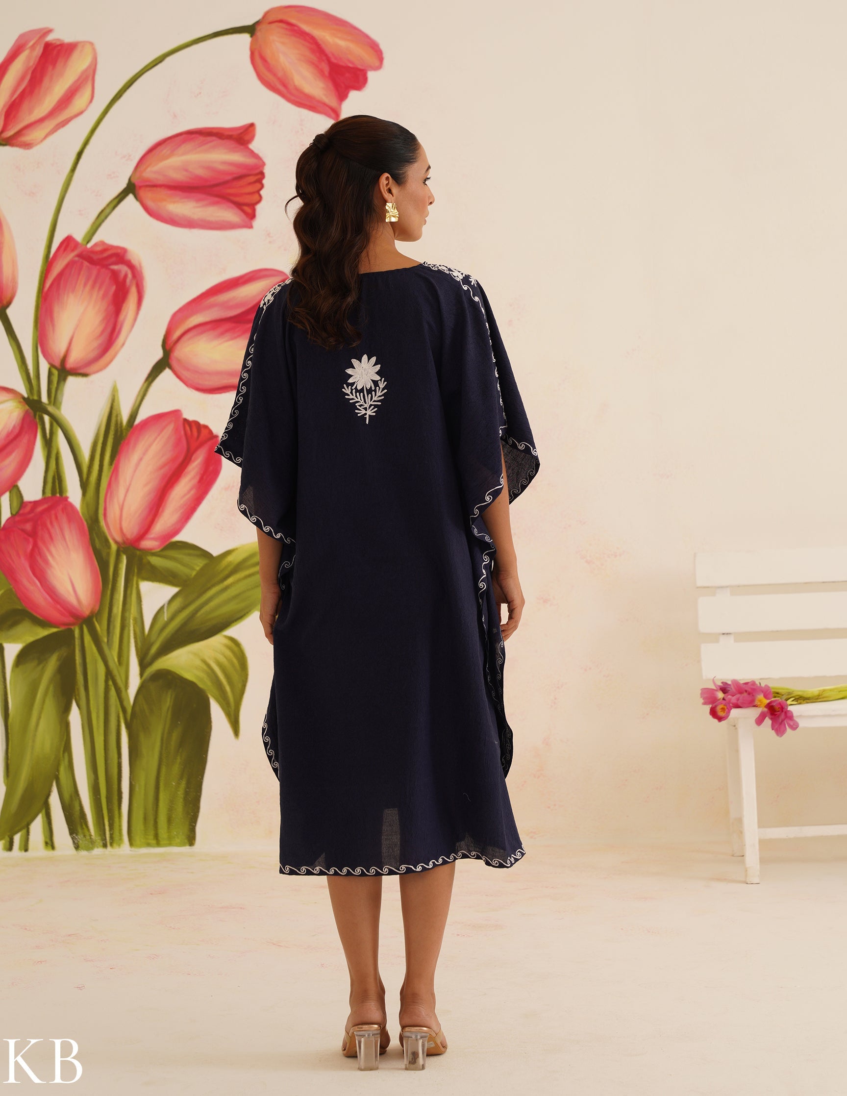 Navy Blue Cotton Kaftan Dress with White Embroidery | Comfortable Loose-Fit | Summer Ethnic Wear - Kashmir Box