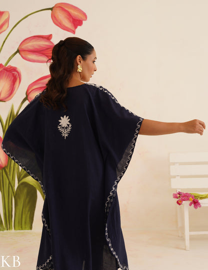 Navy Blue Cotton Kaftan Dress with White Embroidery | Comfortable Loose-Fit | Summer Ethnic Wear - Kashmir Box