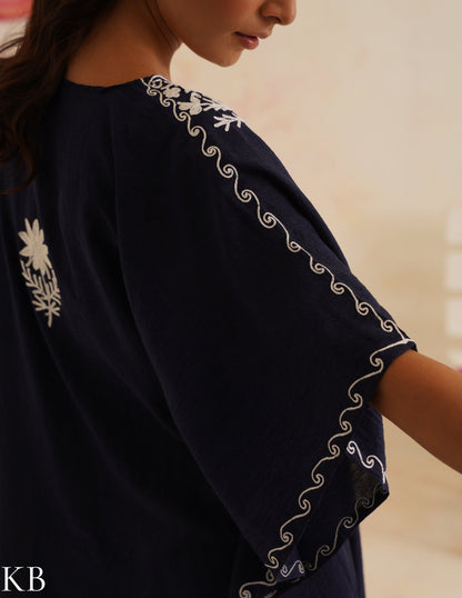 Navy Blue Cotton Kaftan Dress with White Embroidery | Comfortable Loose-Fit | Summer Ethnic Wear - Kashmir Box