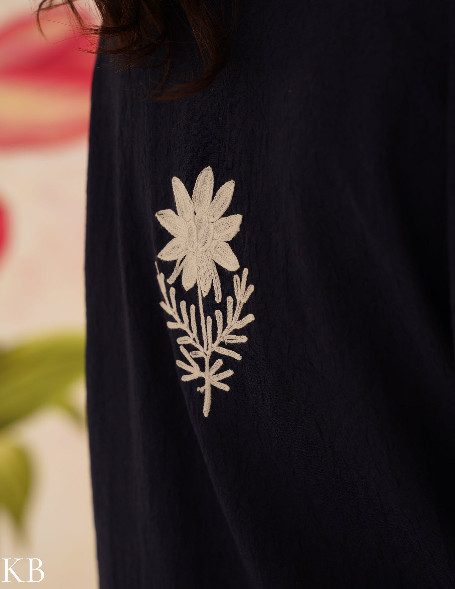 Navy Blue Cotton Kaftan Dress with White Embroidery | Comfortable Loose-Fit | Summer Ethnic Wear - Kashmir Box