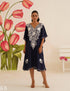 Navy Blue Cotton Kaftan Dress with White Embroidery | Comfortable Loose-Fit | Summer Ethnic Wear - Kashmir Box