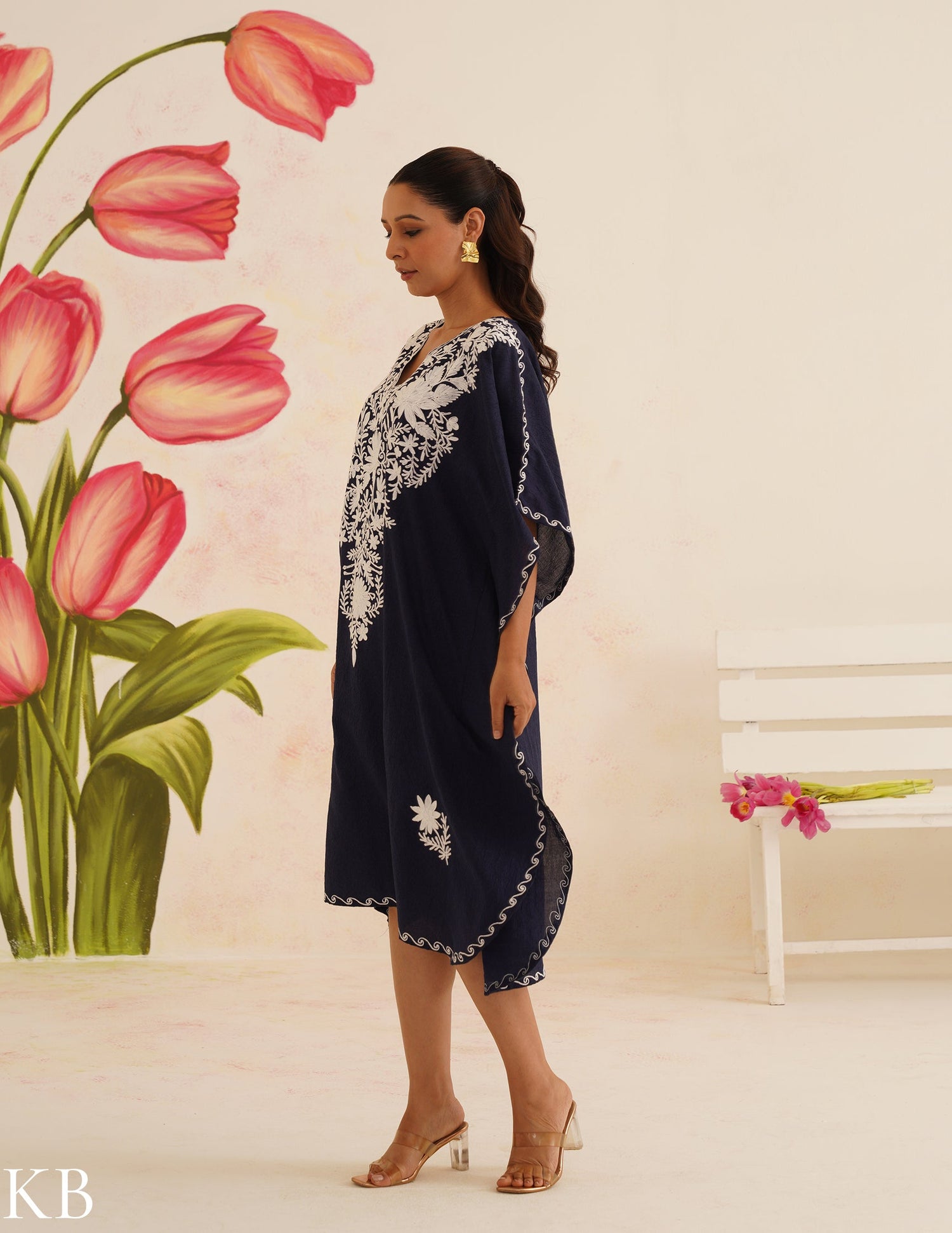 Navy Blue Cotton Kaftan Dress with White Embroidery | Comfortable Loose-Fit | Summer Ethnic Wear - Kashmir Box