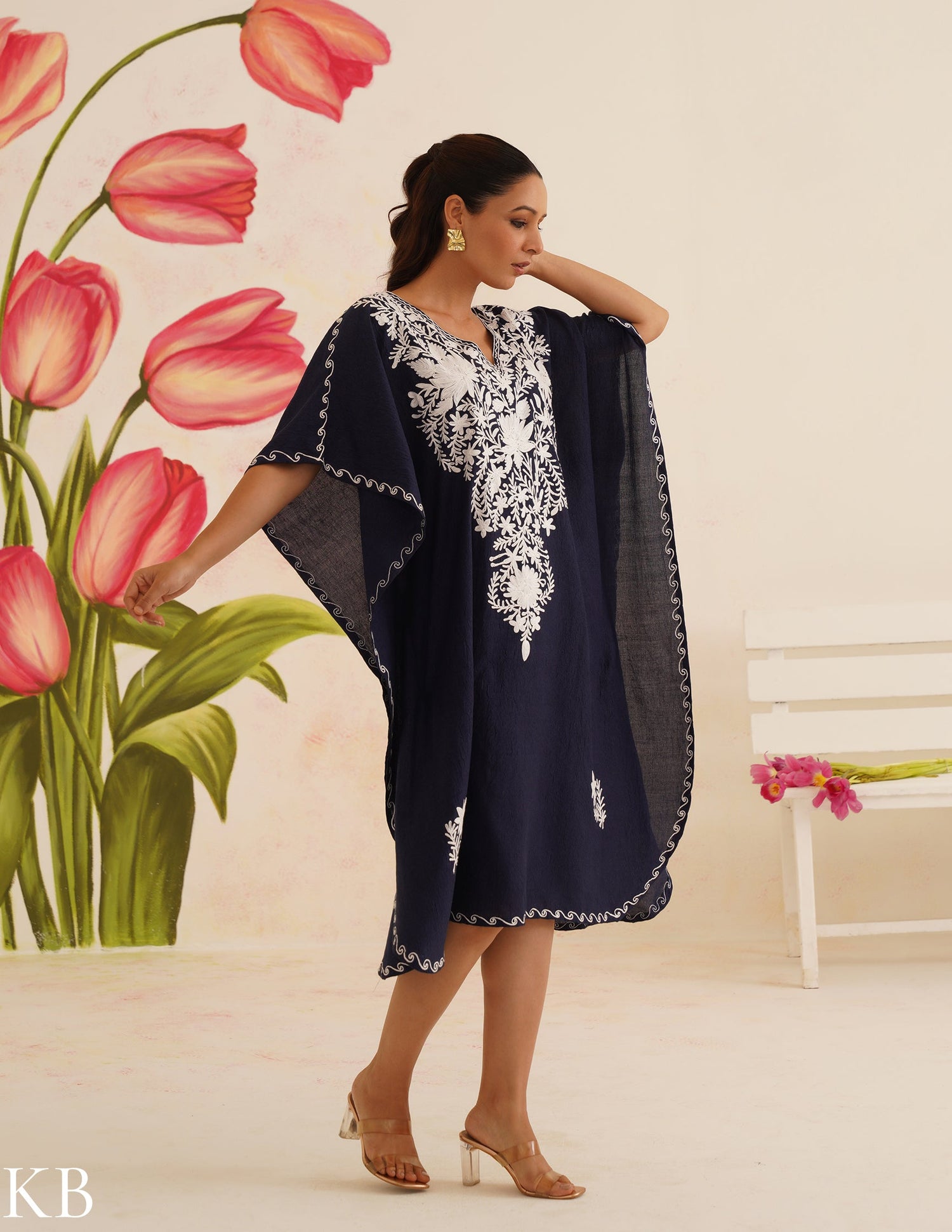 Navy Blue Cotton Kaftan Dress with White Embroidery | Comfortable Loose-Fit | Summer Ethnic Wear - Kashmir Box