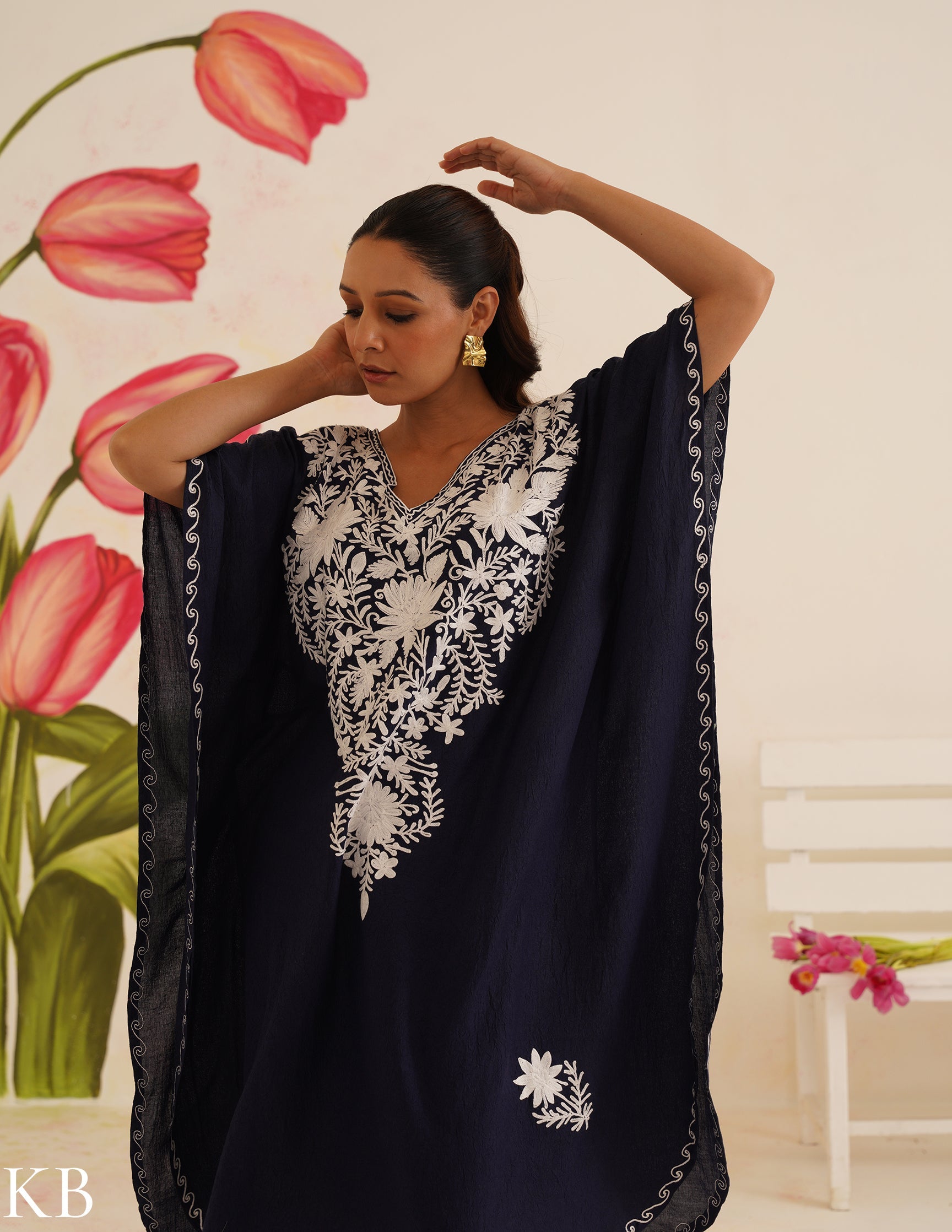 Navy Blue Cotton Kaftan Dress with White Embroidery | Comfortable Loose-Fit | Summer Ethnic Wear - Kashmir Box
