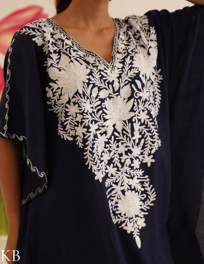 Navy Blue Cotton Kaftan Dress with White Embroidery | Comfortable Loose-Fit | Summer Ethnic Wear - Kashmir Box