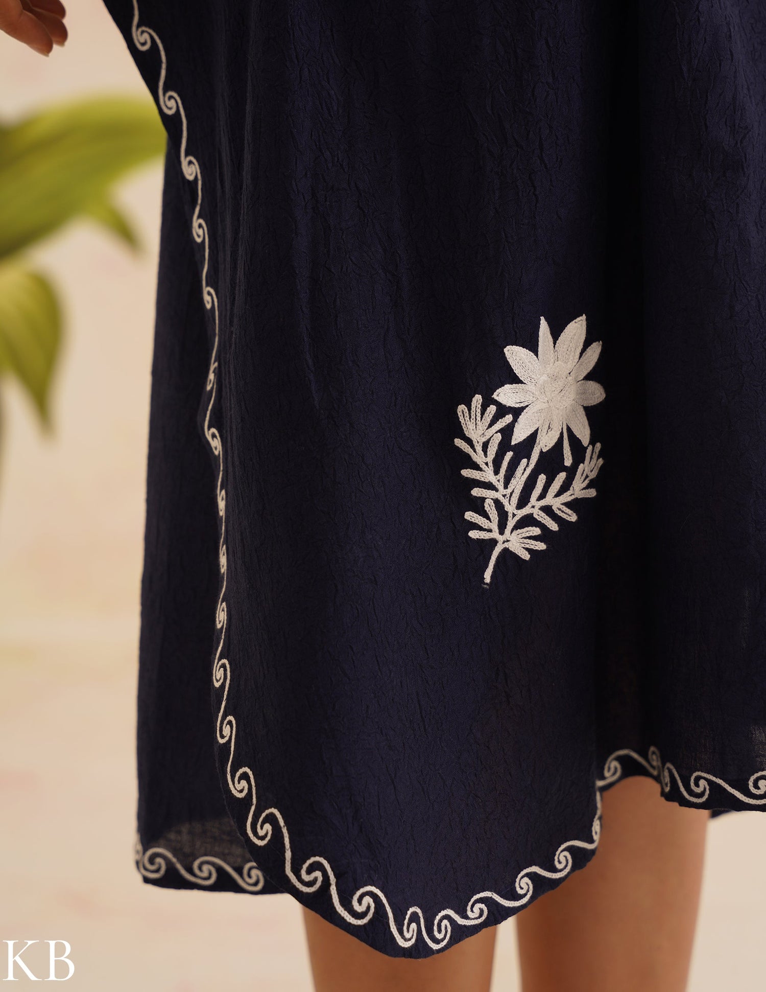 Navy Blue Cotton Kaftan Dress with White Embroidery | Comfortable Loose-Fit | Summer Ethnic Wear - Kashmir Box