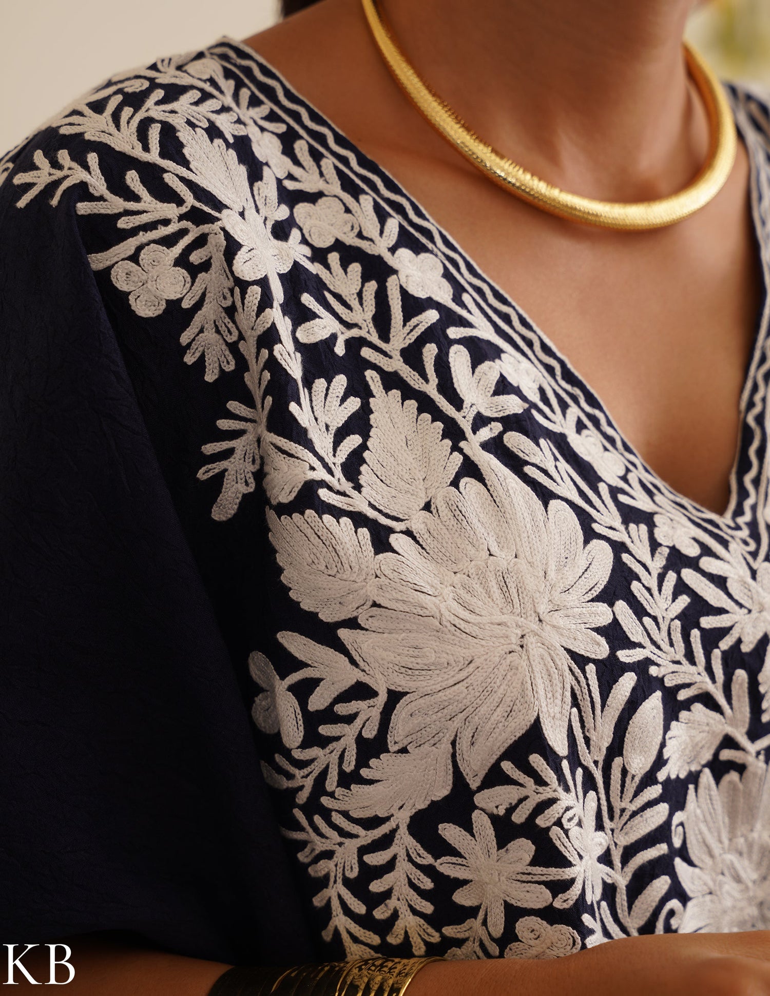 Navy Blue Cotton Kaftan Dress with White Embroidery | Comfortable Loose-Fit | Summer Ethnic Wear - Kashmir Box
