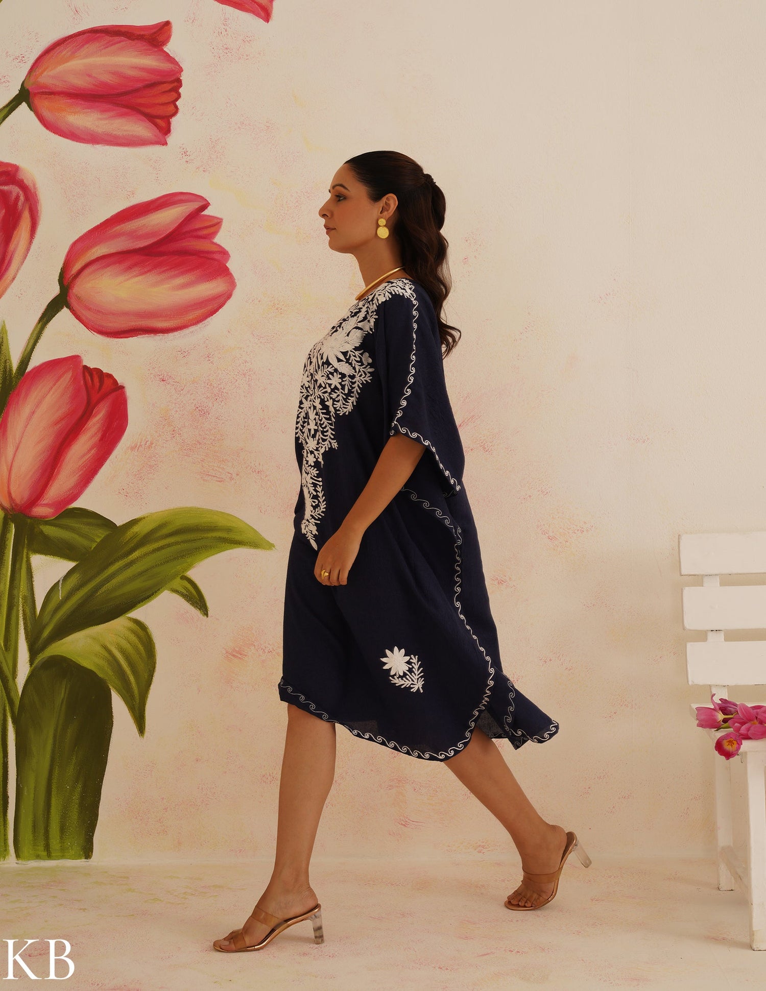 Navy Blue Cotton Kaftan Dress with White Embroidery | Comfortable Loose-Fit | Summer Ethnic Wear - Kashmir Box