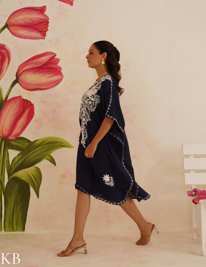 Navy Blue Cotton Kaftan Dress with White Embroidery | Comfortable Loose-Fit | Summer Ethnic Wear - Kashmir Box
