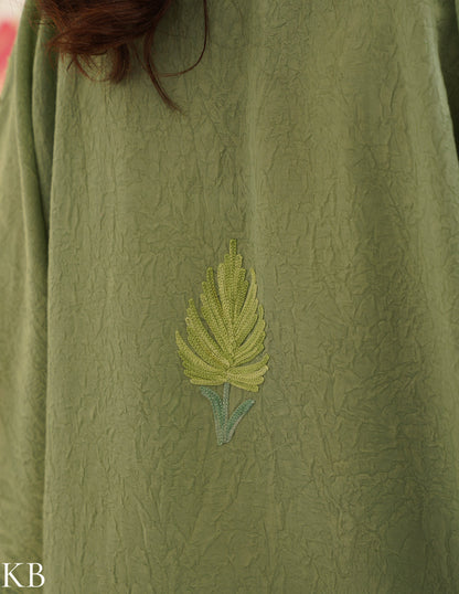 Sage Green Cotton Kaftan Dress with Tonal Embroidery | Comfortable Loose-Fit | Summer Ethnic Wear - Kashmir Box