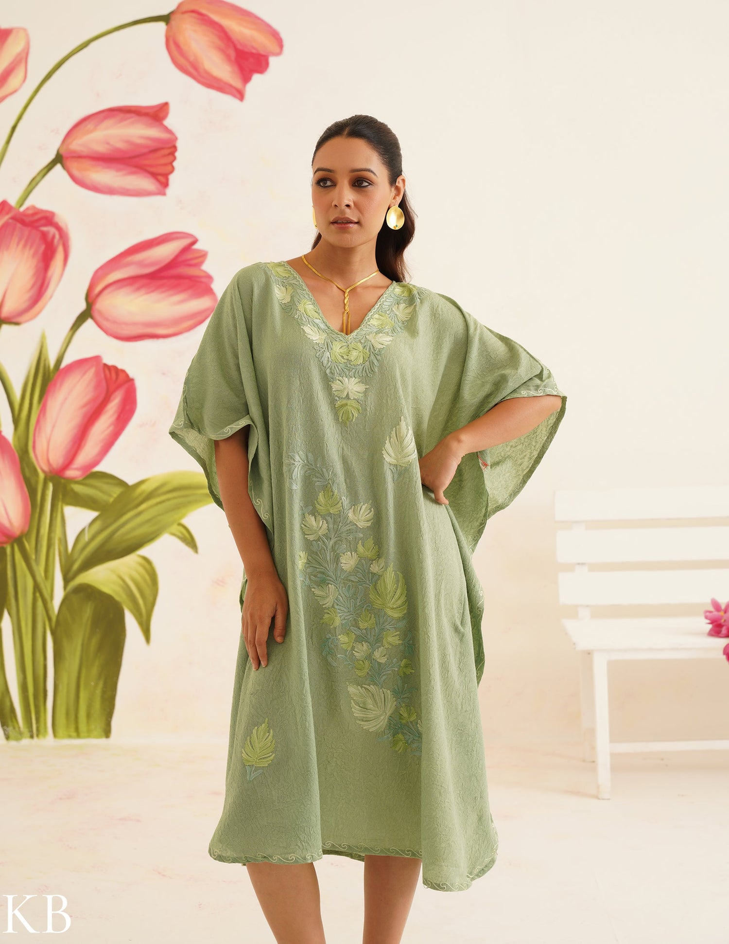Sage Green Cotton Kaftan Dress with Tonal Embroidery | Comfortable Loo Kashmir Box Sage Green Cotton Kaftan Dress with Tonal Embroidery | Comfortable Loo Kashmir Box