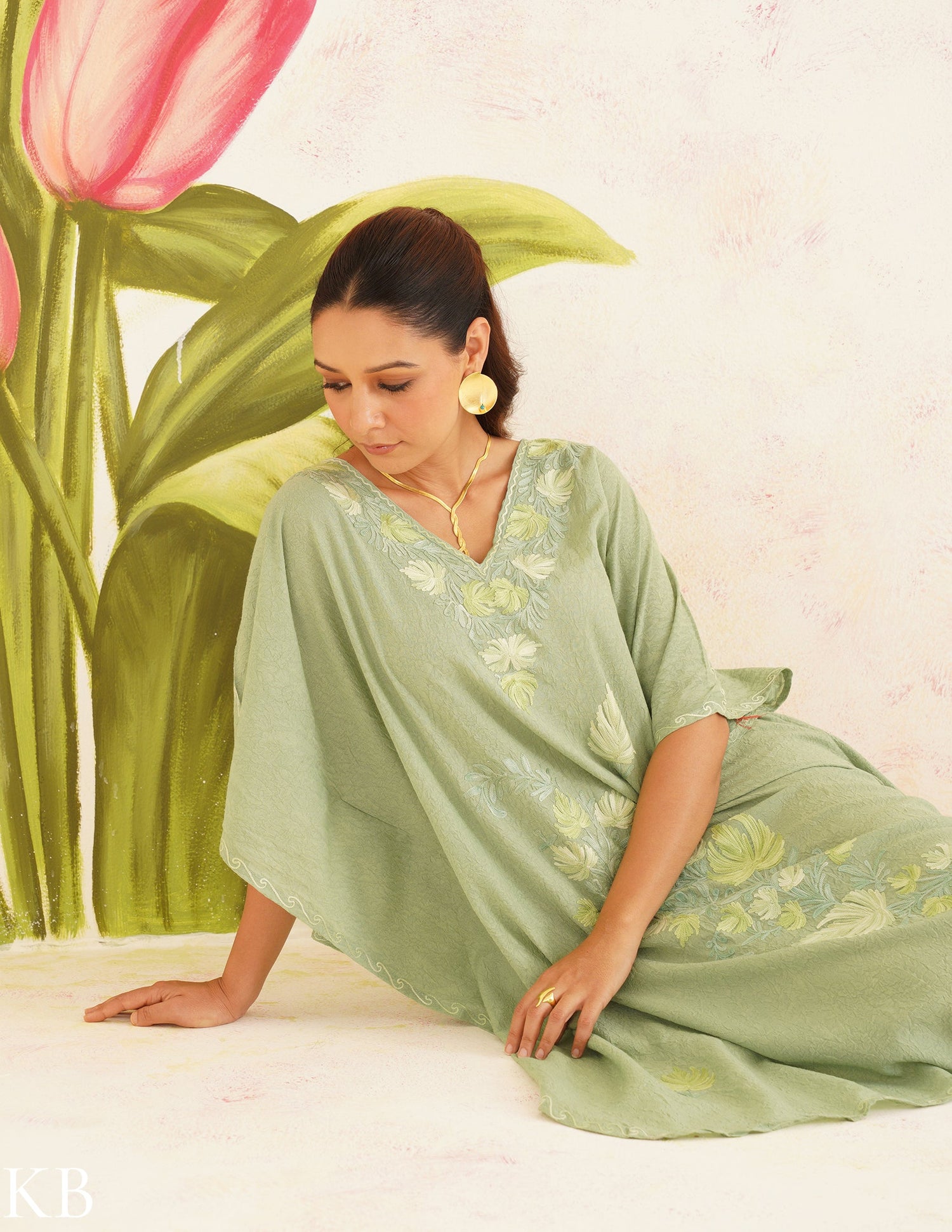 Sage Green Cotton Kaftan Dress with Tonal Embroidery | Comfortable Loo Kashmir Box Sage Green Cotton Kaftan Dress with Tonal Embroidery | Comfortable Loo Kashmir Box