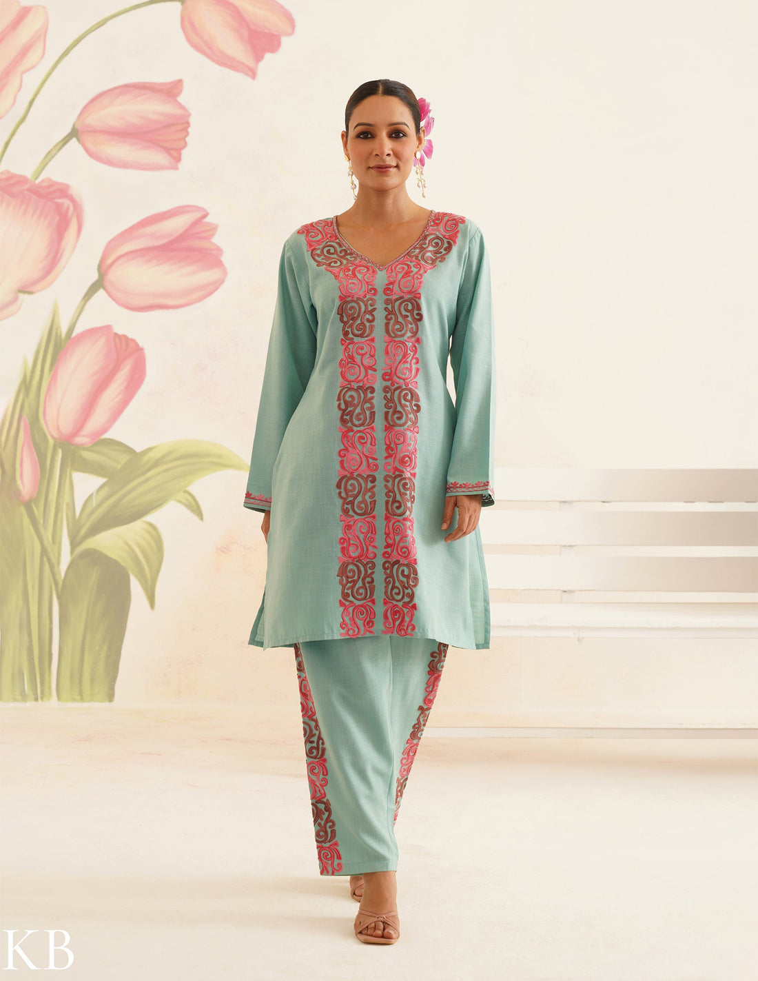 Sea Green Cotton Coordset with Pink Floral Embroidery | Bahaar Collection 2025 - Kashmir Box