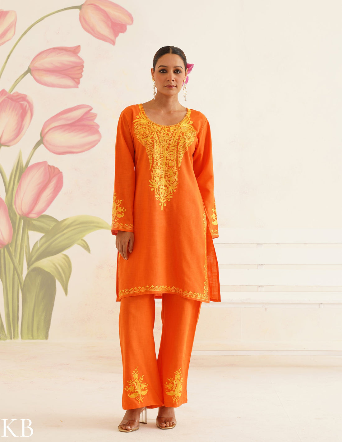 Orange Cotton Coordset with Golden Aari Embroidery | Bahaar Collection 2025 - Kashmir Box