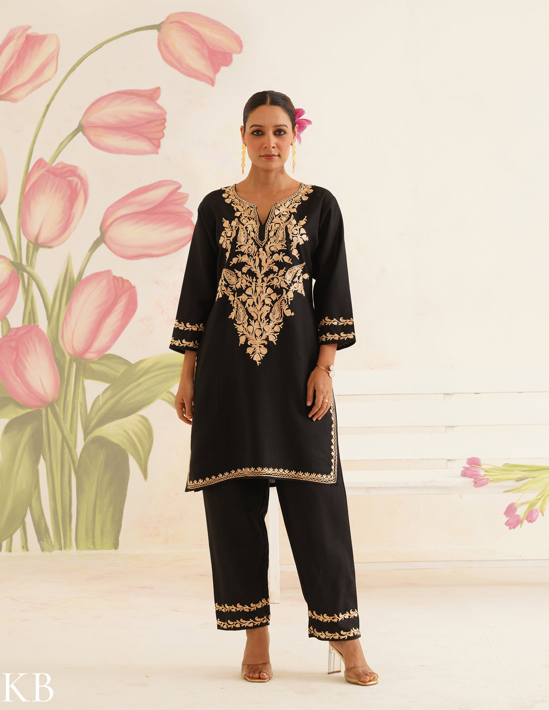 Black Cotton Coordset with Beige Floral Embroidery | Bahaar Collection 2025