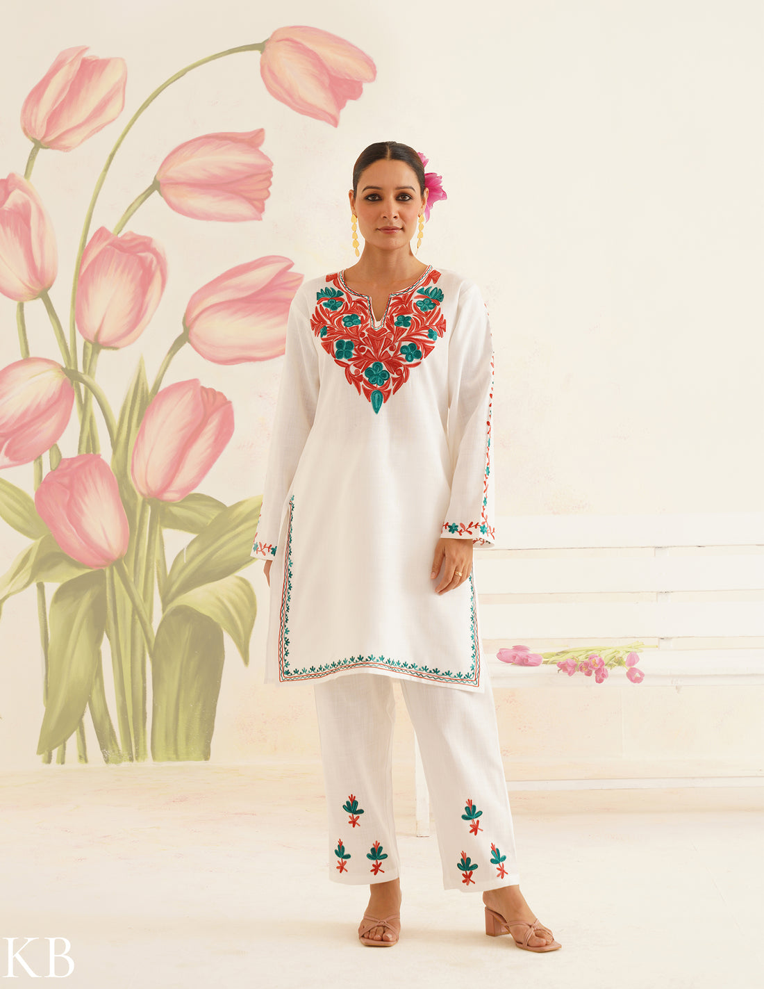 White Cotton Coordset with Red and Green Embroidery | Bahaar Collection 2025