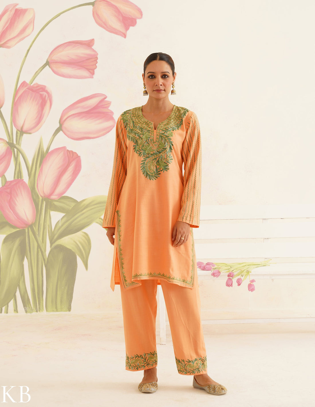 Peach Cotton Coordset with Olive Green Embroidery | Bahaar Collection 2025 - Kashmir Box