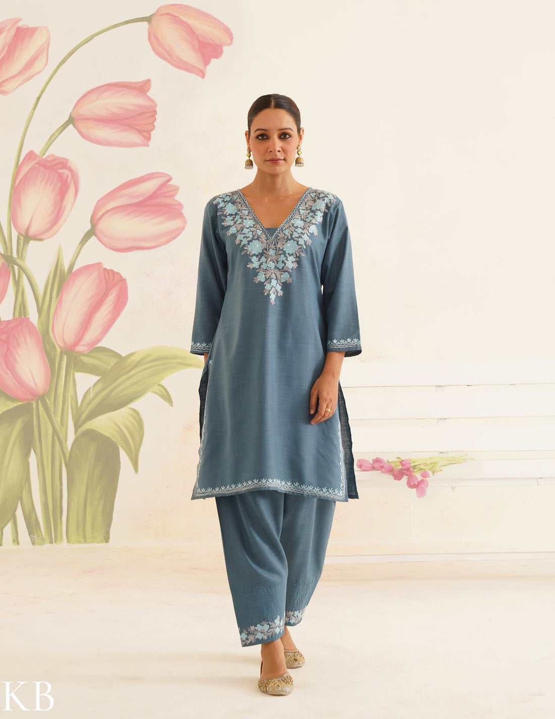 Slate Blue Cotton Coordset with Sky Blue Embroidery | Bahaar Collection 2025 - Kashmir Box