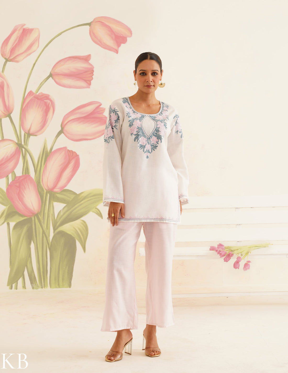 White Cotton Kurti with Pink and Blue Embroidery and Pink Pants | Bahaar Collection 2025 - Kashmir Box