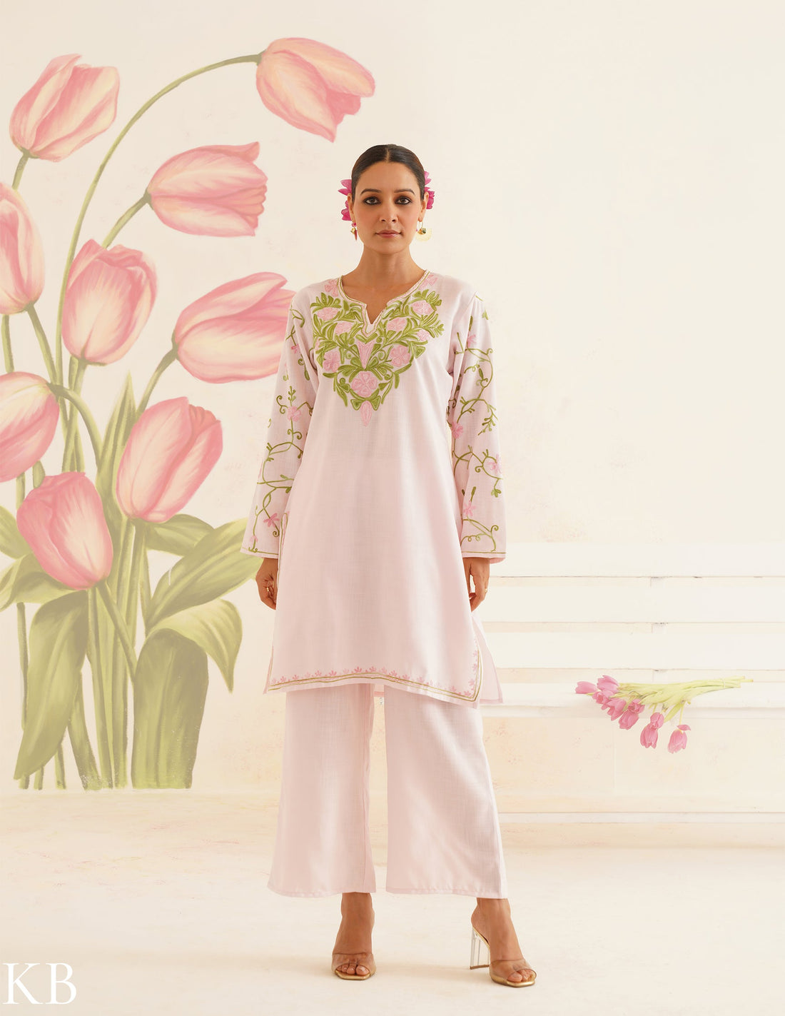 Baby Pink Cotton Coordset with Floral Embroidery | Bahaar Collection 2025 - Kashmir Box