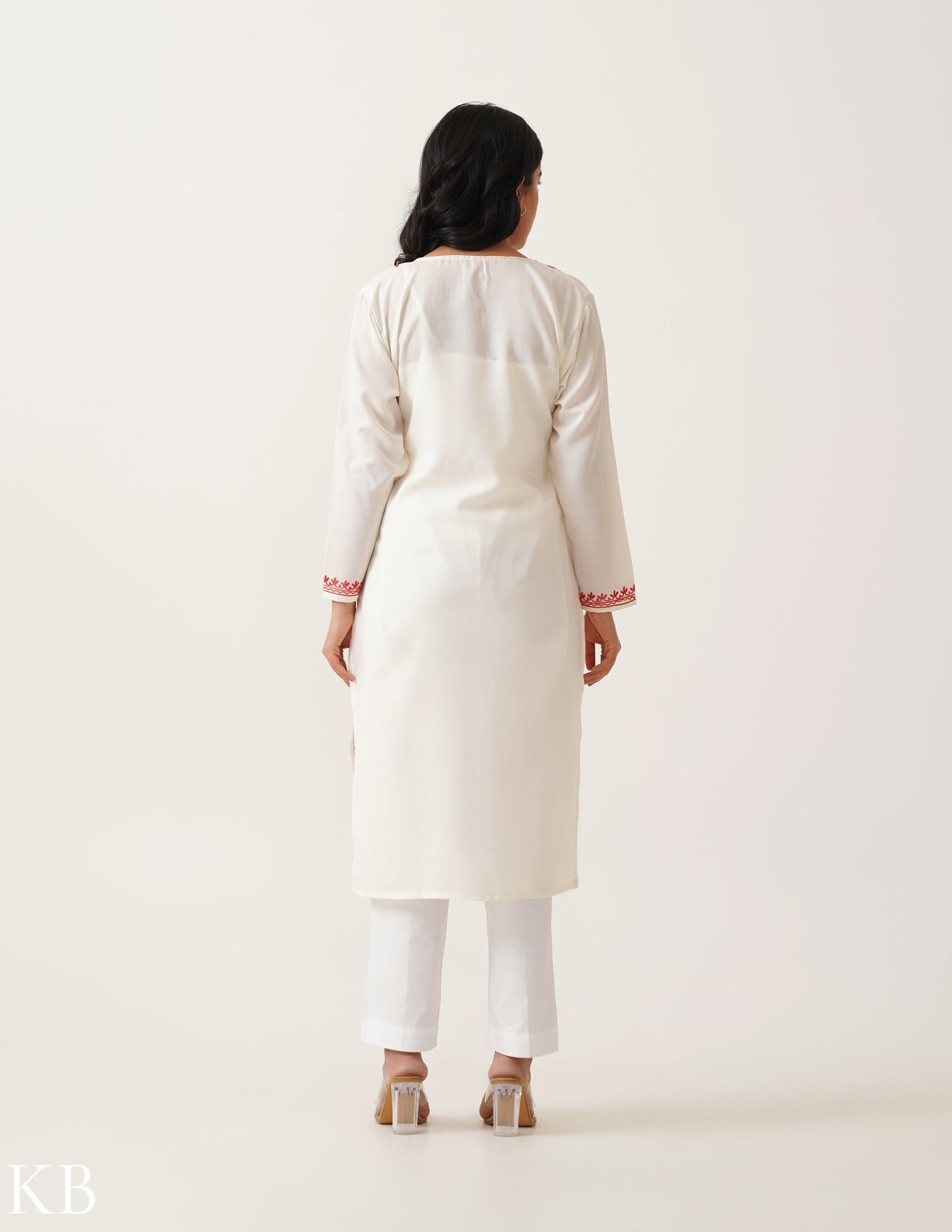 Off-White Aar Twined Floral Embroidery Cotton Kurti - Kashmir Box