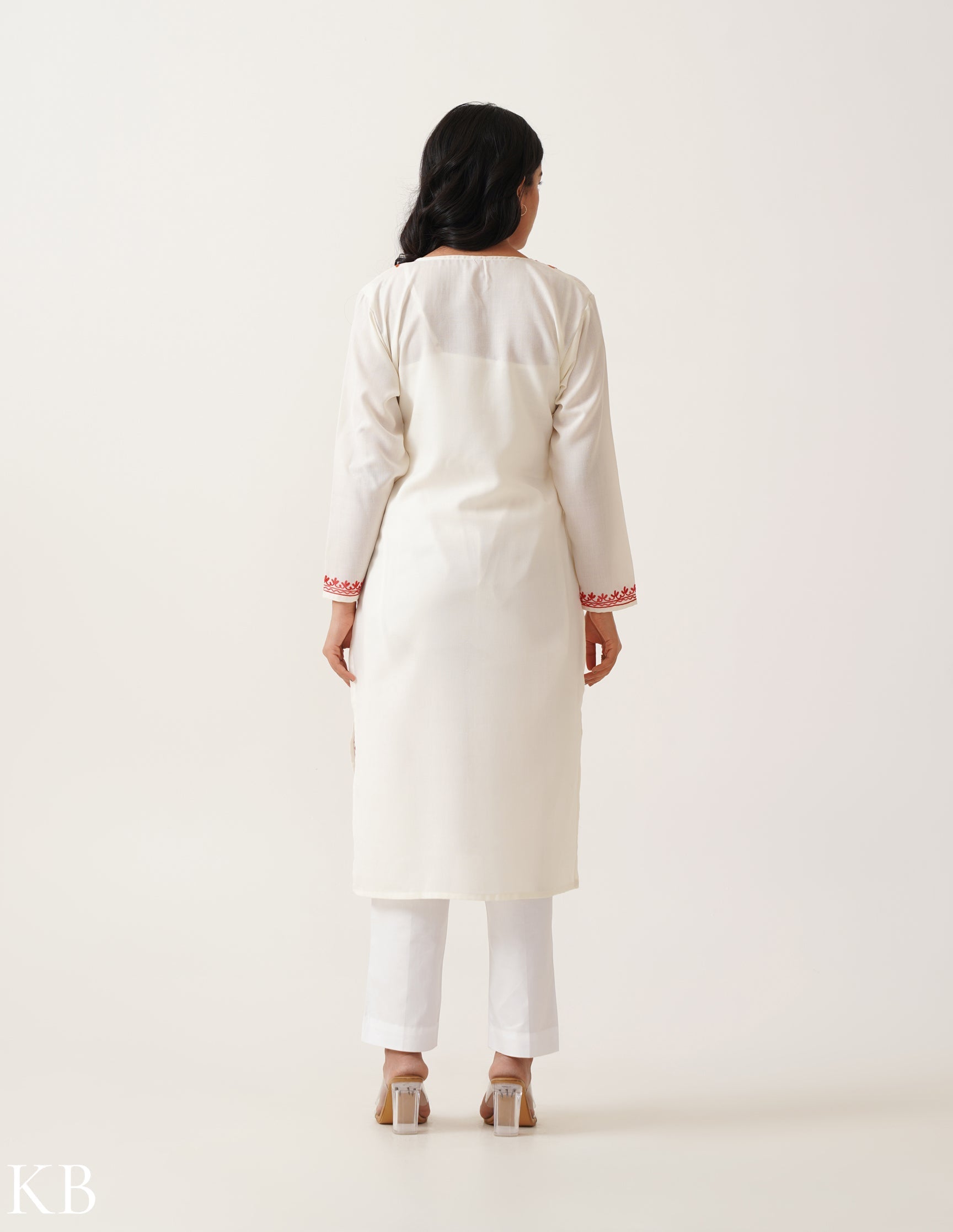 Off-White Aar Twined Floral Embroidery Cotton Kurti - Kashmir Box