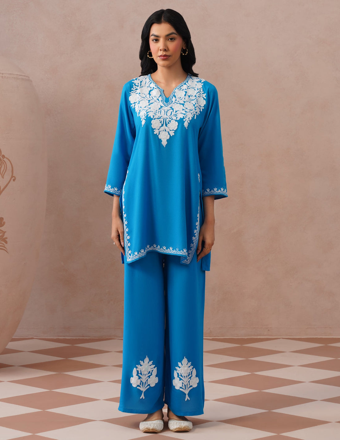Blue Rayon Coordset – White Aari Embroidery | Office & Casual Ethnic Wear - Kashmir Box