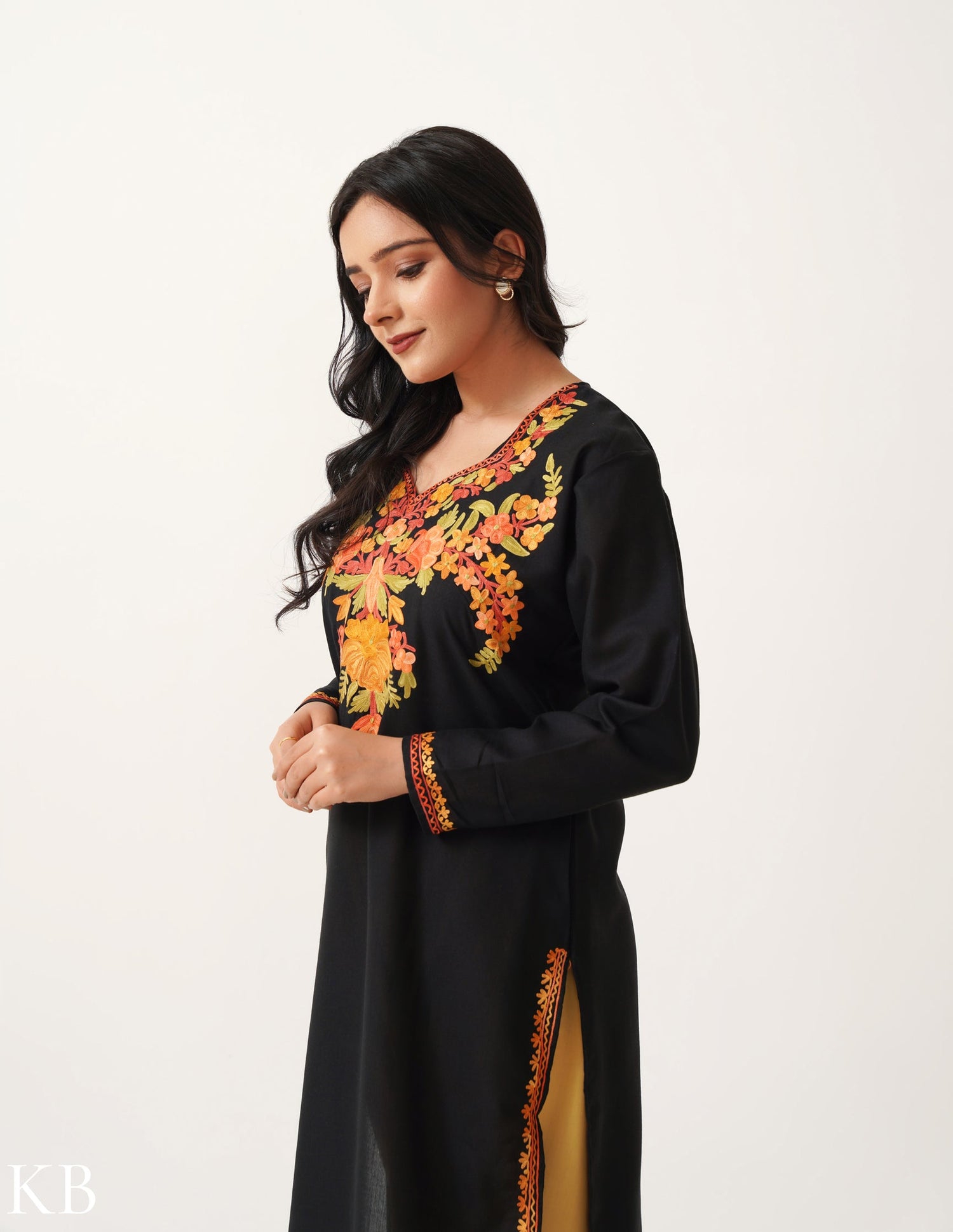 Black Cotton Kurti with Multi-hued Floral Aari Embroidery - Kashmir Box