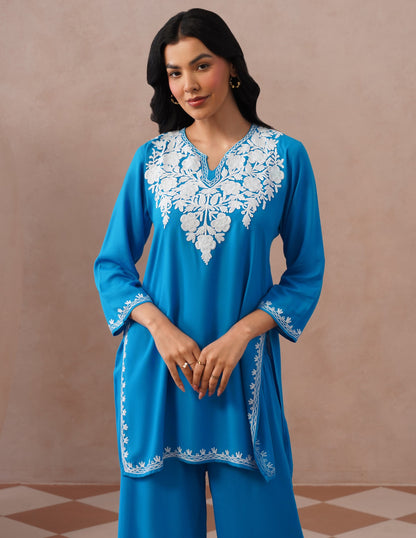 Blue Rayon Coordset – White Aari Embroidery | Office &amp; Casual Ethnic Wear - Kashmir Box