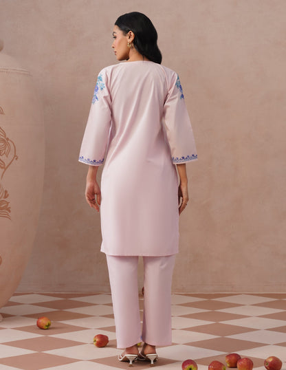 Light Pink Poplin Coordset – Blue Aari Embroidery | Everyday Ethnic Wear - Kashmir Box