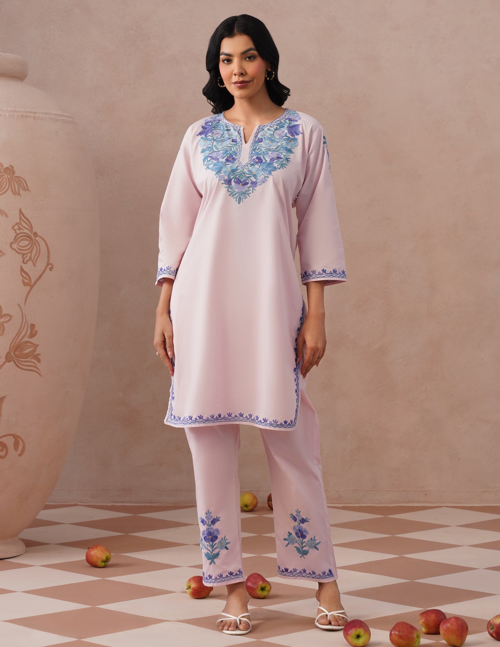 Light Pink Poplin Coordset – Blue Aari Embroidery | Everyday Ethnic Wear - Kashmir Box