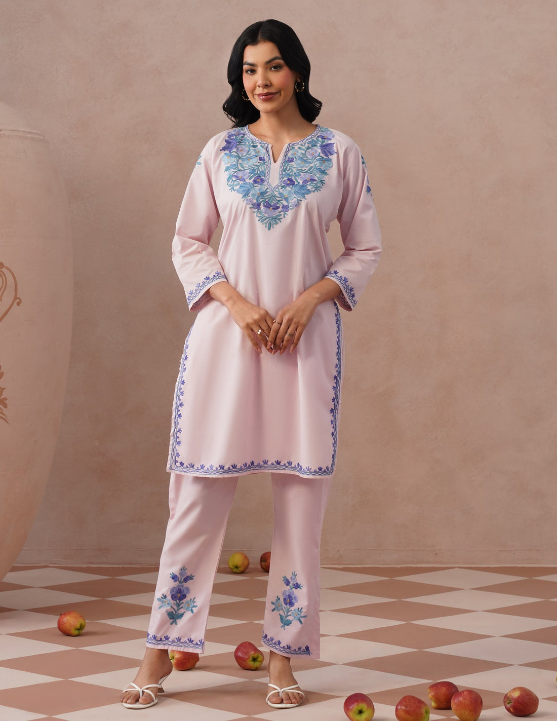 Light Pink Poplin Coordset – Blue Aari Embroidery | Everyday Ethnic Wear - Kashmir Box