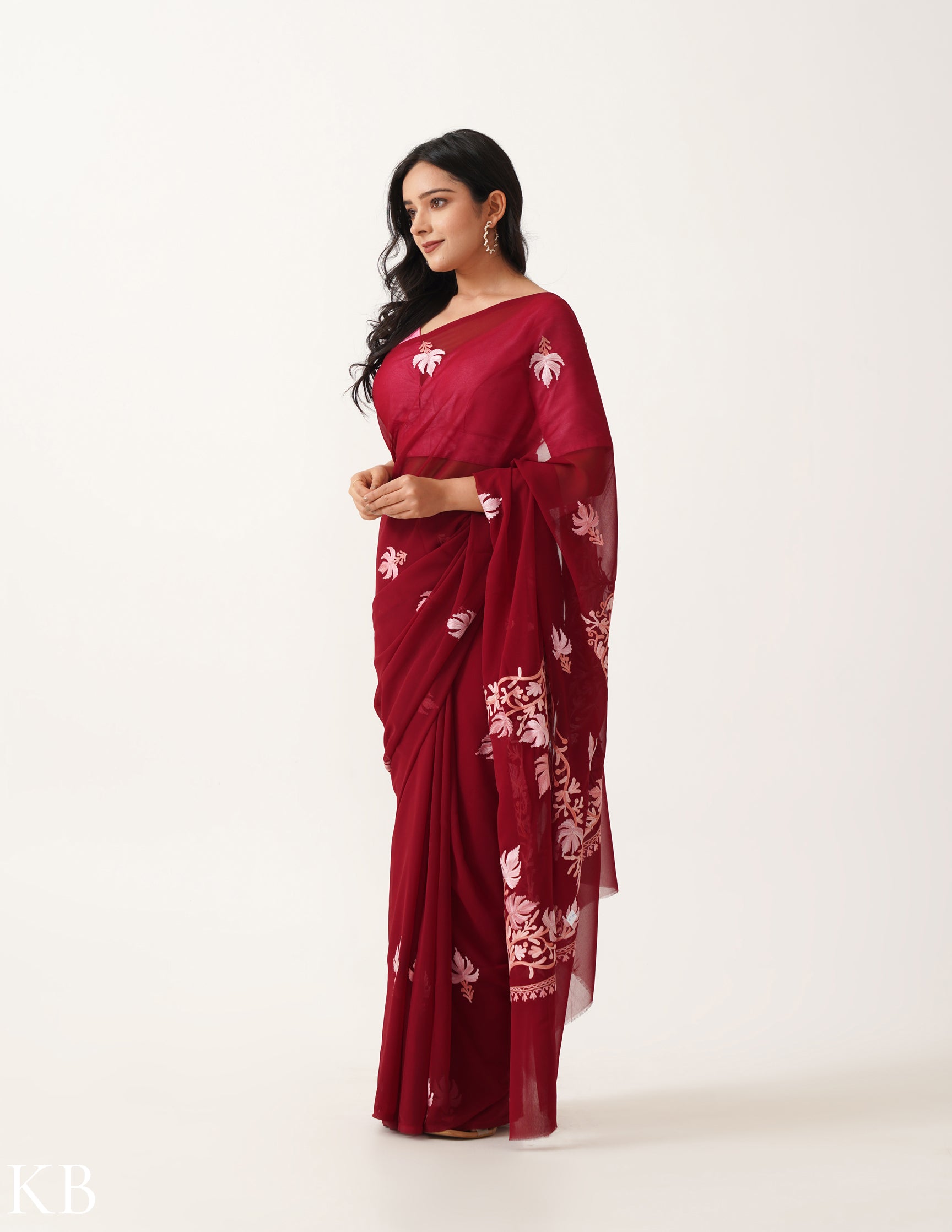 Raspberry with Blush-toned Chinar Embroidery Georgette Saree - Kashmir Box