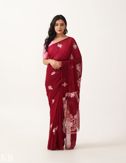 Raspberry with Blush-toned Chinar Embroidery Georgette Saree - Kashmir Box