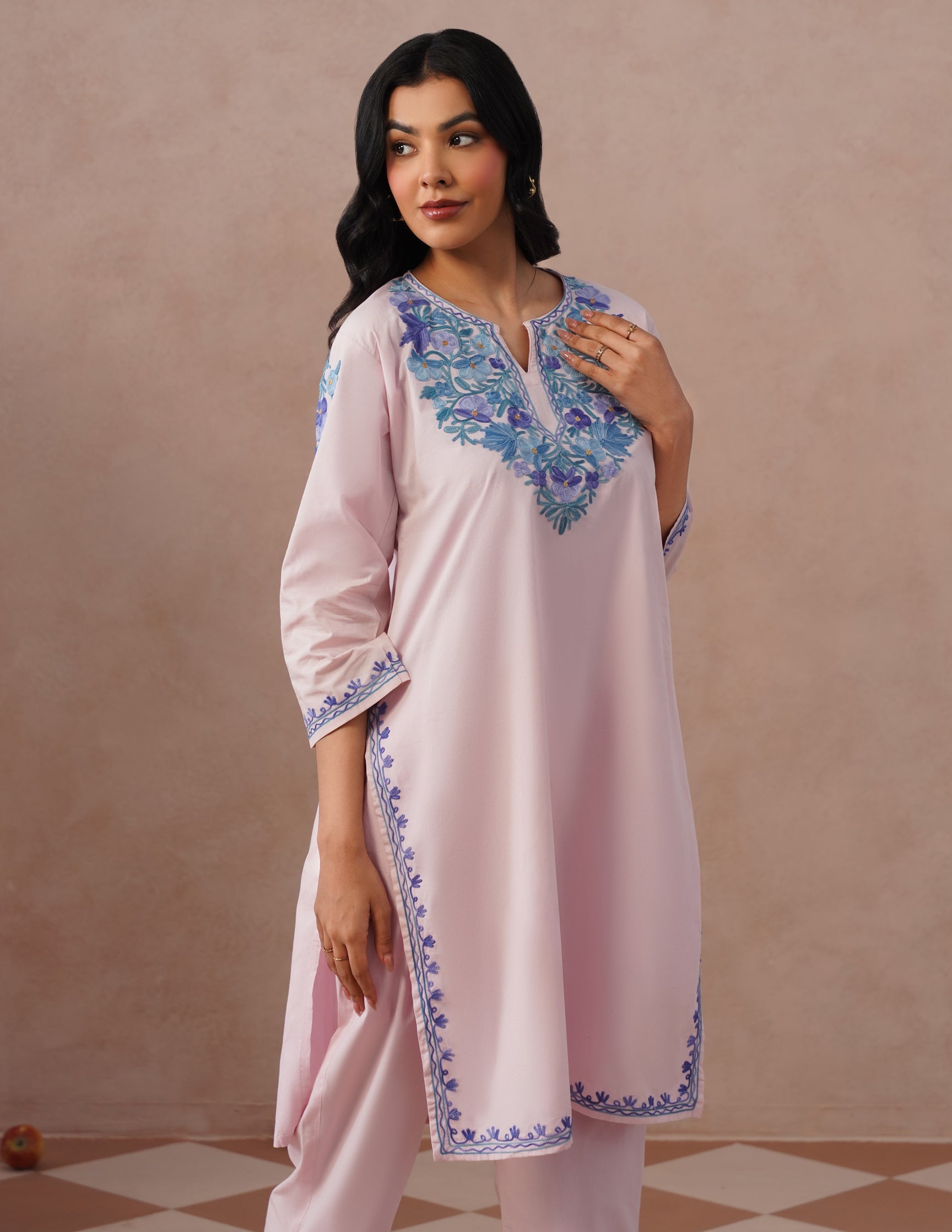 Light Pink Poplin Coordset – Blue Aari Embroidery | Everyday Ethnic Wear - Kashmir Box