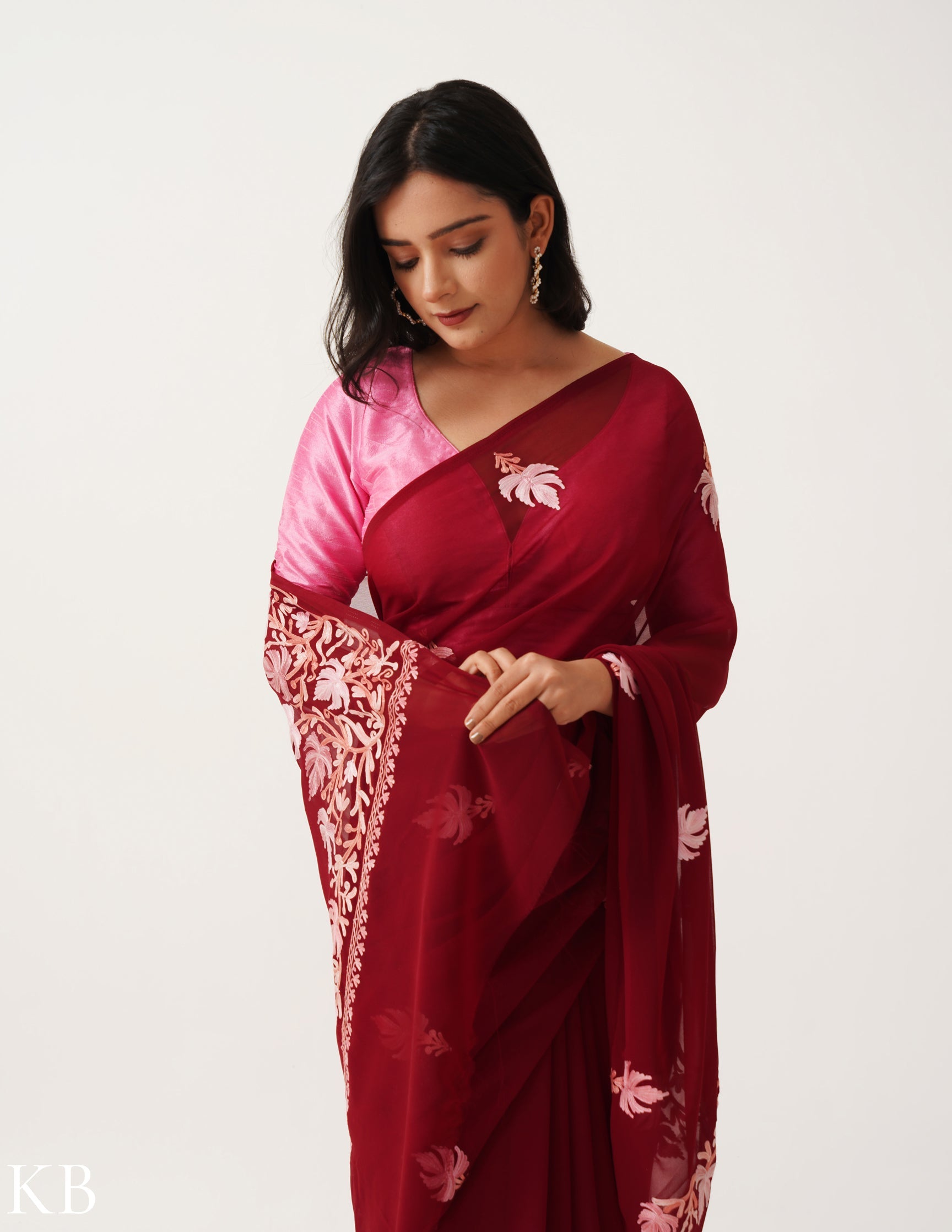 Raspberry with Blush-toned Chinar Embroidery Georgette Saree - Kashmir Box