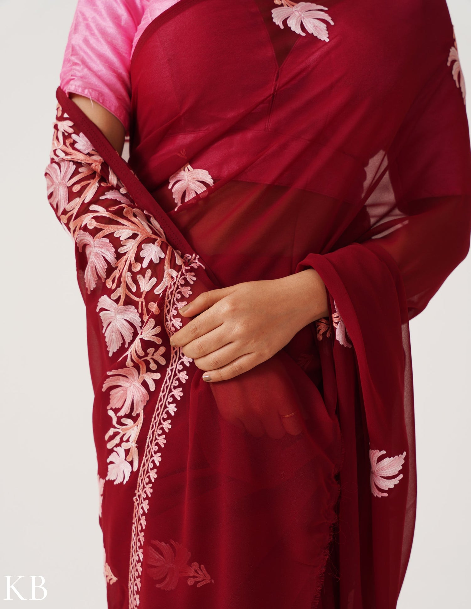 Raspberry with Blush-toned Chinar Embroidery Georgette Saree - Kashmir Box