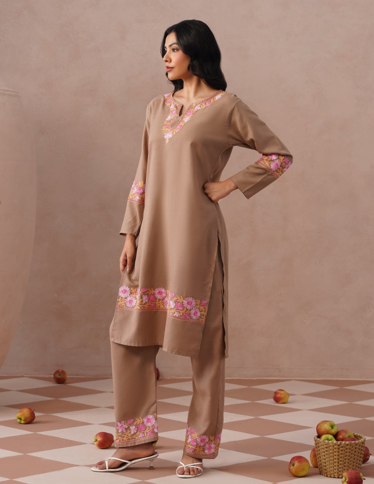 Fawn Cotton Coordset – Tonal Pink Aari Embroidery | Everyday Ethnic Wear - Kashmir Box