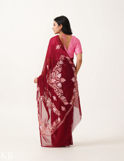 Raspberry with Blush-toned Chinar Embroidery Georgette Saree - Kashmir Box